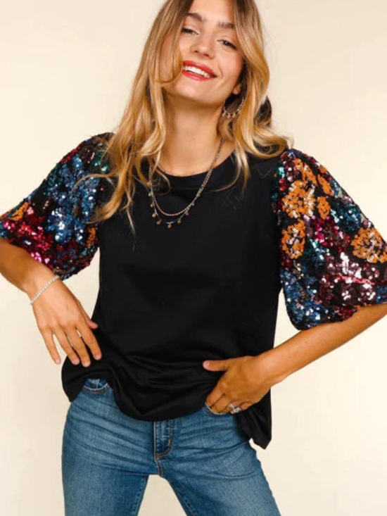 Haptics Tops - Sequin Puff-Sleeve Black Top